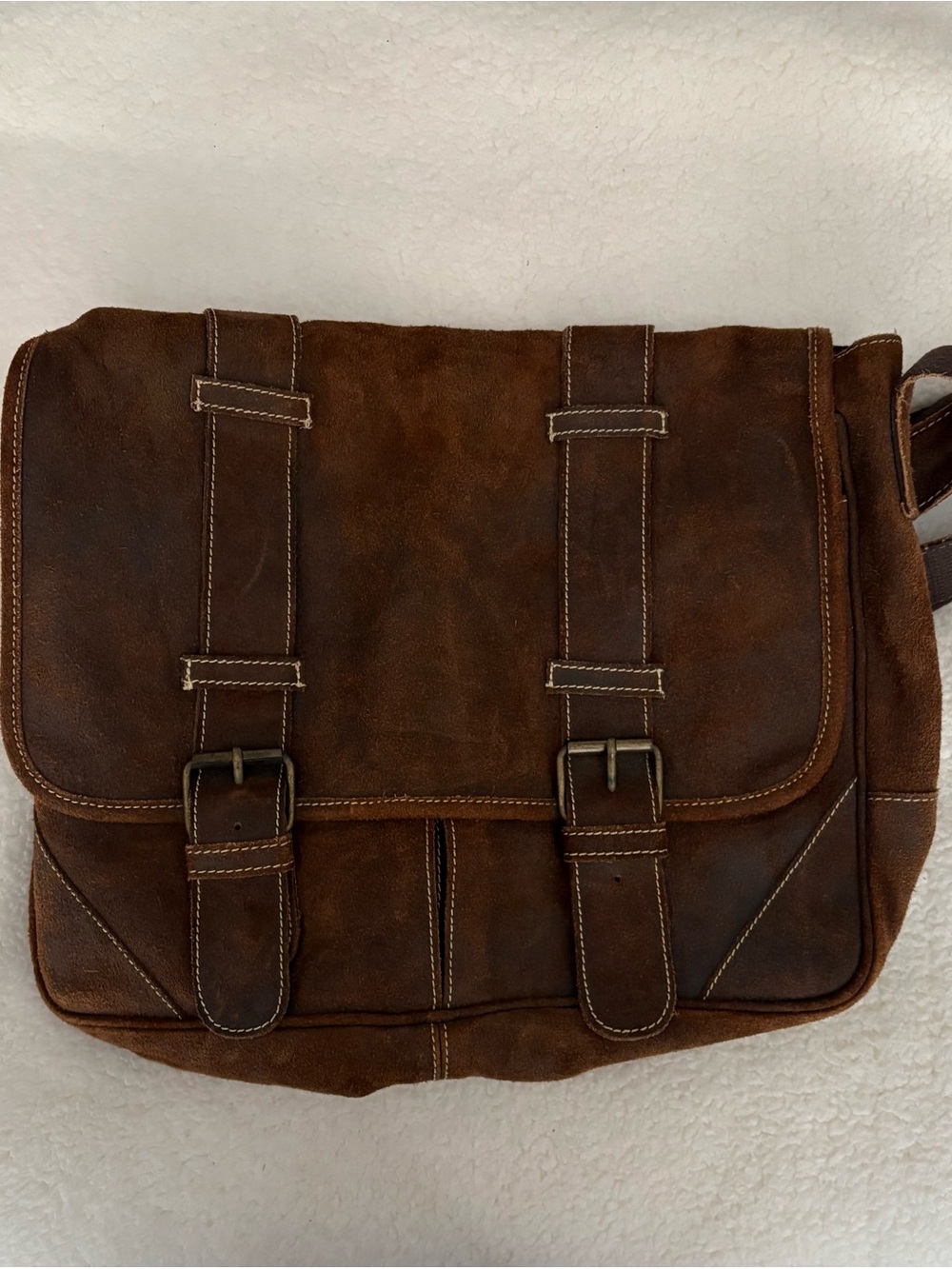 Suede Leather Messenger Bag - Brown